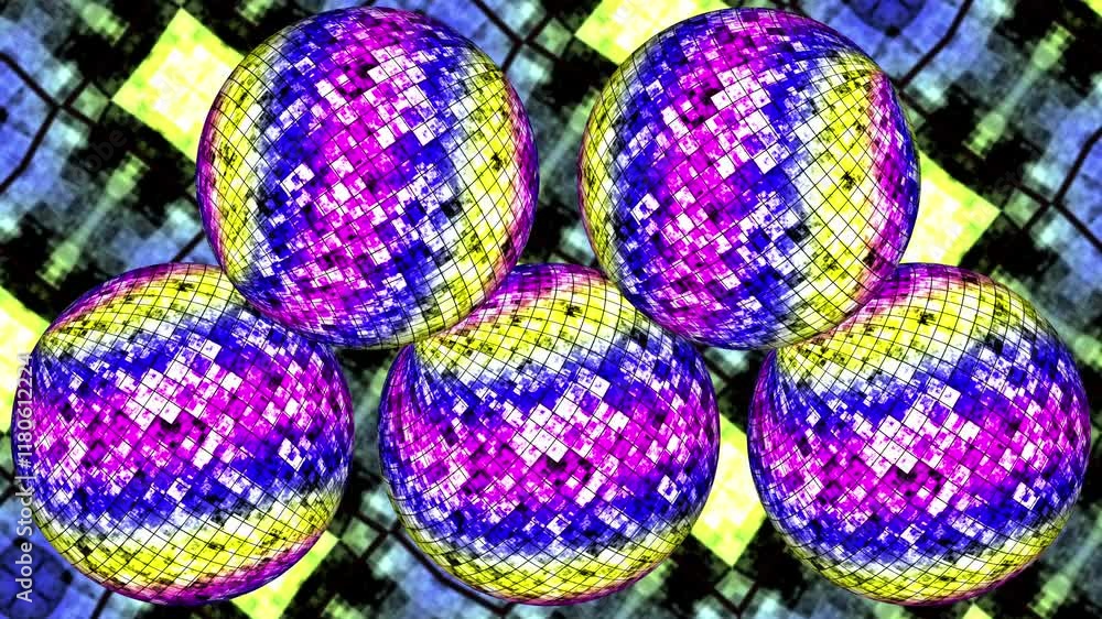 3D animated pattern of 5 balls with dominant colorful colors rotating surrounded by elements in the form of a futuristic geometric mosaic with geometric elements like a rotating kaleidoscope
3D animated pattern of 5 balls with dominant colorful colors rotating surrounded by elements in the form of a futuristic geometric mosaic with geometric elements like a rotating kaleidoscope
