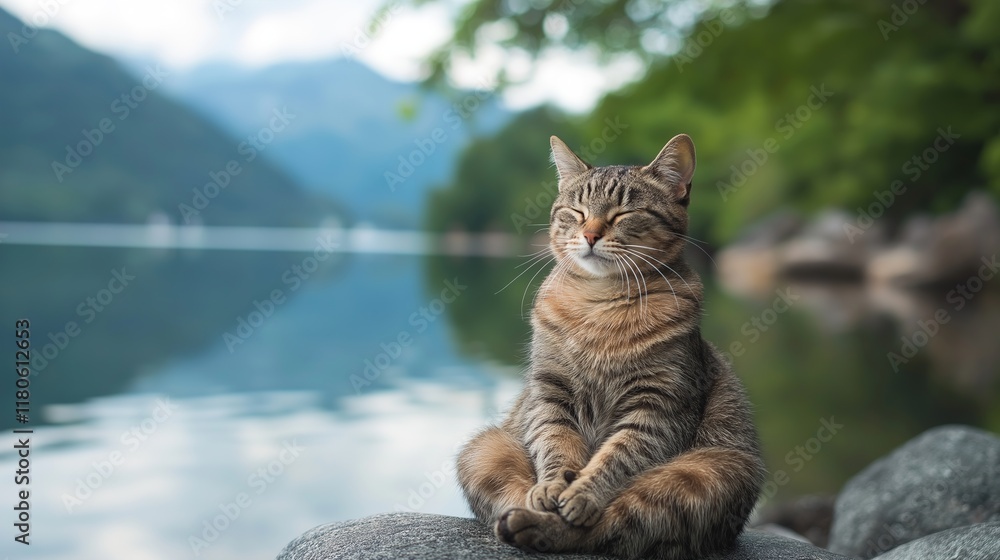 Tranquil tabby cat relaxing by serene mountain lake Tranquil tabby cat relaxing by serene mountain lake