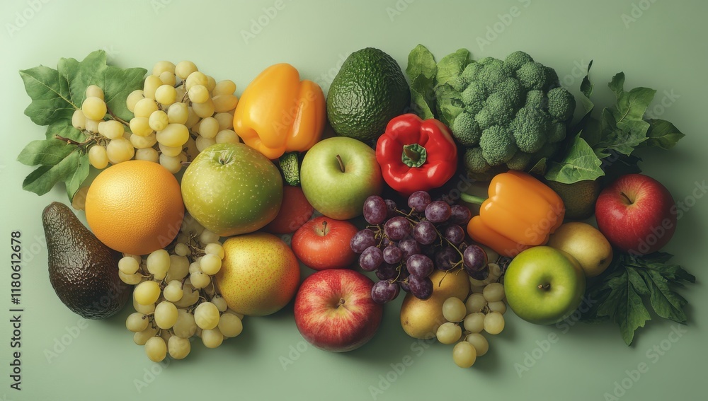 A Vibrant Assortment of Fresh Fruits and Vegetables Perfect for Health-Conscious Living and Culinary Creations Displayed on a Soft Green Background A Vibrant Assortment of Fresh Fruits and Vegetables Perfect for Health-Conscious Living and Culinary Creations Displayed on a Soft Green Background