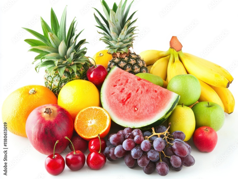 A Vibrant Collection of Fresh Fruits Including Pineapples, Watermelon, Bananas, Apples, and Grapes on a Bright White Background for Healthy Lifestyle Concepts A Vibrant Collection of Fresh Fruits Including Pineapples, Watermelon, Bananas, Apples, and Grapes on a Bright White Background for Healthy Lifestyle Concepts