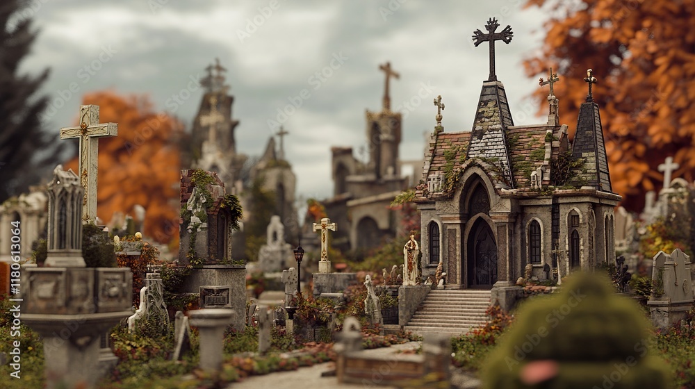 Obraz premium Gothic Cemetery Architecture: Autumnal Crypt and Crosses