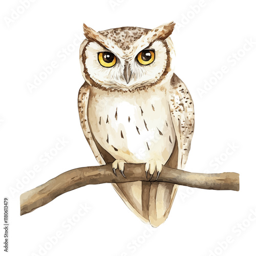 A watercolor painting of an owl roosting in a hollow tree, isolated on a white background. Owl vector.
