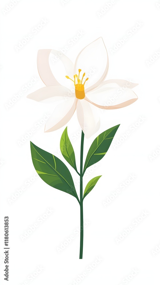 Fototapeta premium White Flower with Green Leaves Illustration