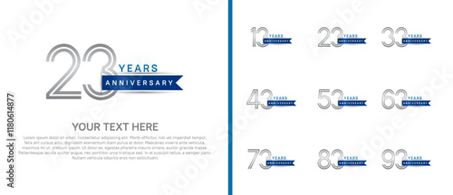 logo anniversary set. silver color with blue ribbon on white background for special event photo