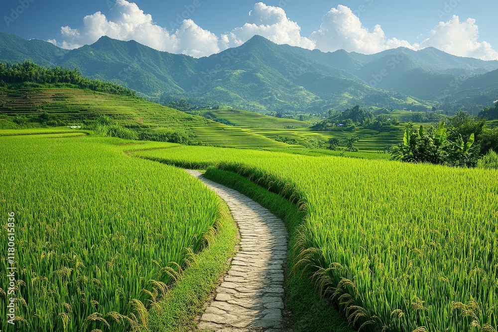 Fototapeta premium Stone path through vibrant green rice paddies, mountains.