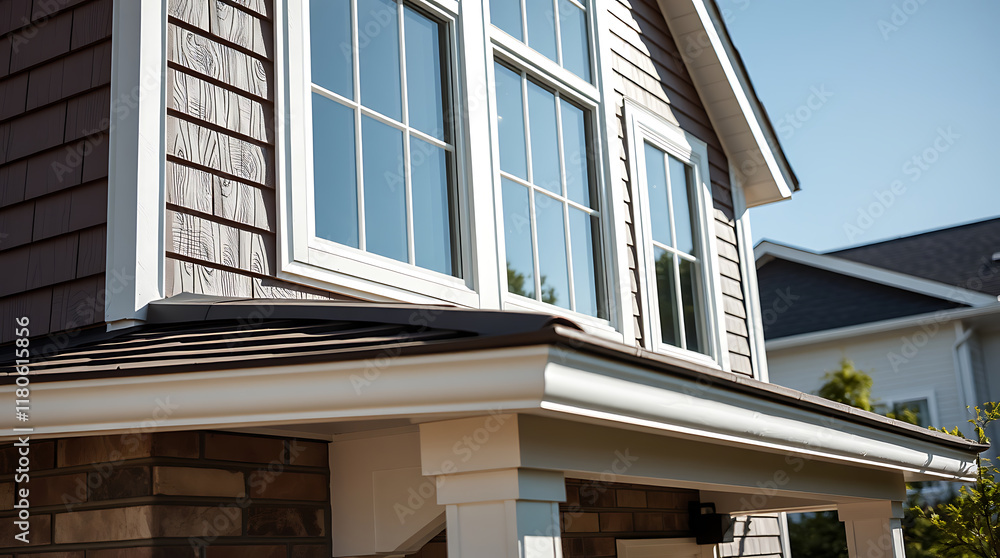 Close-up view of a house's exterior, focusing on a section with multi-paned windows, dark brown siding, white trim, and a brown roof. A brick facade is partially visible beneath the overhang. Close-up view of a house's exterior, focusing on a section with multi-paned windows, dark brown siding, white trim, and a brown roof. A brick facade is partially visible beneath the overhang.