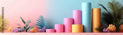 A vibrant arrangement of pastel-colored cylinders against a split background, complemented by lush leaves and flowers, creating a fresh and modern aesthetic.
