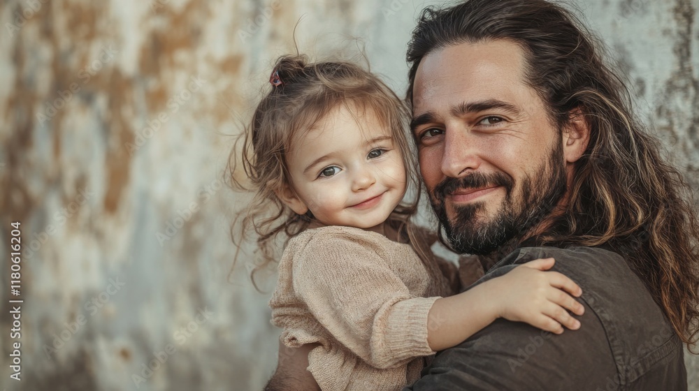 18.A candid portrait of a father with long hair holding his young daughter in front of a textured urban wall. The man’s relaxed smile and the child’s playful demeanor convey a sense of joy and 18.A candid portrait of a father with long hair holding his young daughter in front of a textured urban wall. The man’s relaxed smile and the child’s playful demeanor convey a sense of joy and