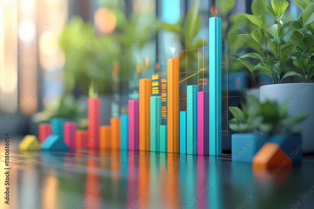 A vibrant, modern bar chart surrounded by greenery, representing growth and data analysis in a bright, contemporary setting. A vibrant, modern bar chart surrounded by greenery, representing growth and data analysis in a bright, contemporary setting.