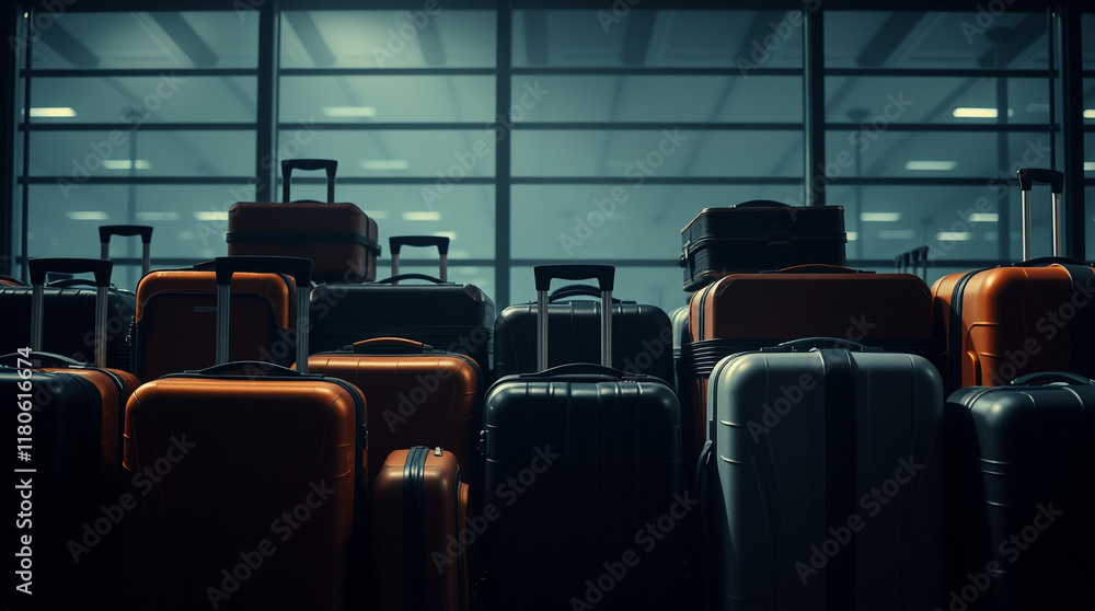 Suitcases piled high at an airport terminal, awaiting their owners. Travel, journeys, and departures. Suitcases piled high at an airport terminal, awaiting their owners. Travel, journeys, and departures.