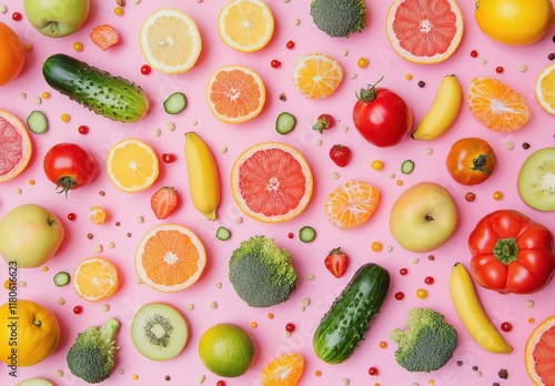 Wallpaper Mural Bright and Colorful Layout of Fresh Fruits and Vegetables on Pink Background Displaying a Variety of Healthy Ingredients for Culinary and Nutritional Concepts Torontodigital.ca
