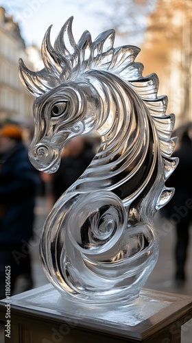 Intricate ice sculpture of a horse's head. photo