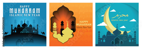 Elegant Islamic New Year designs celebrating Muharram with crescent moons and mosques.