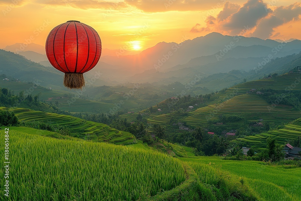 Fototapeta premium Red lantern floats above sunset rice terraces.