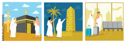 Illustration depicting key pilgrimage scenes including departure and ritual activities.