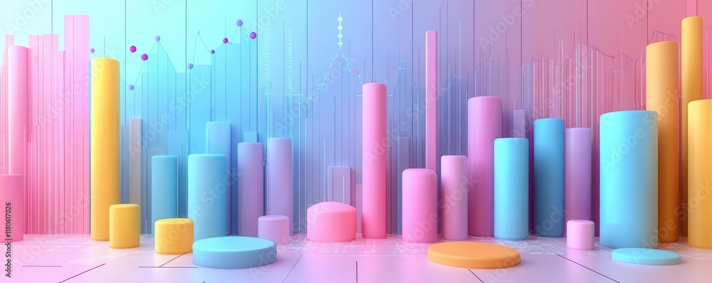 A vibrant 3D representation of colorful geometric shapes in varying heights, creating an abstract landscape in pastel hues. A vibrant 3D representation of colorful geometric shapes in varying heights, creating an abstract landscape in pastel hues.