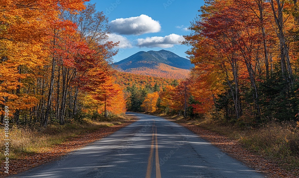 Obraz premium Autumn road trip, vibrant foliage, mountain view, scenic drive