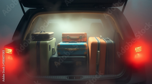 Luggage packed in a car trunk, ready for a journey.  Adventure awaits! photo