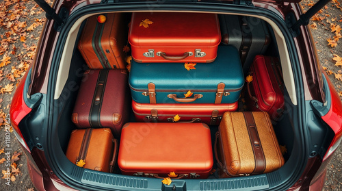 Packed car trunk ready for a road trip! Suitcases and bags filled for an autumn adventure. Leaves add a seasonal touch. photo