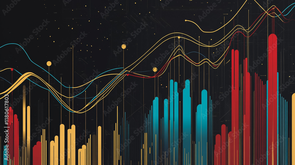 Abstract black background with Colorful charts and graphs with statistics to innovative analyze business potential and forecast future development of companies growth. Abstract black background with Colorful charts and graphs with statistics to innovative analyze business potential and forecast future development of companies growth.