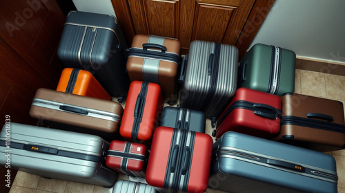 A stack of various sized suitcases, ready for a trip. Different colors and styles of luggage are piled up near a door. photo