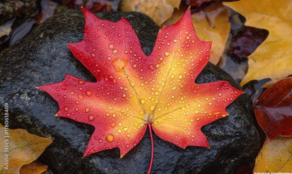Autumn leaf on rock, water droplets, fall foliage background; nature photography Autumn leaf on rock, water droplets, fall foliage background; nature photography