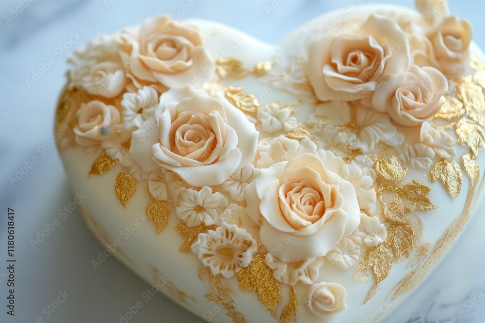 Elegant Heart Shaped Cake Adorned With Roses and Gold Elegant Heart Shaped Cake Adorned With Roses and Gold