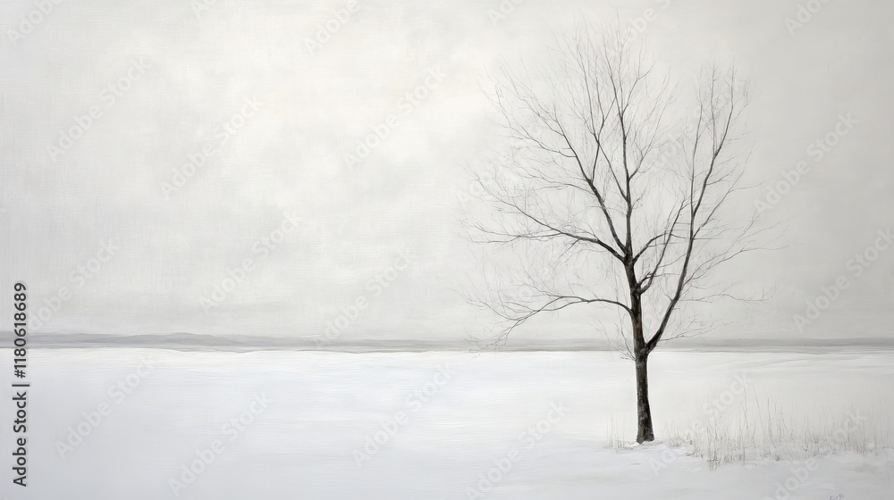Fototapeta premium 39.A minimalist photograph of a single tree in a snow-covered field, with its branches dusted lightly with snow. The landscape is blanketed in white, stretching out to the horizon with a pale, cloudy