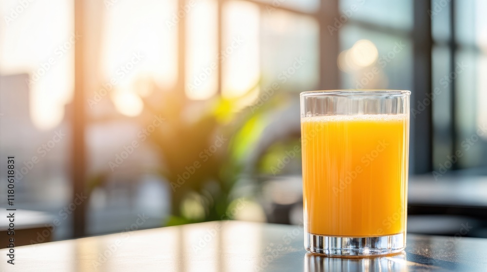 Fresh organic orange juice in a sunny cafe environment Fresh organic orange juice in a sunny cafe environment