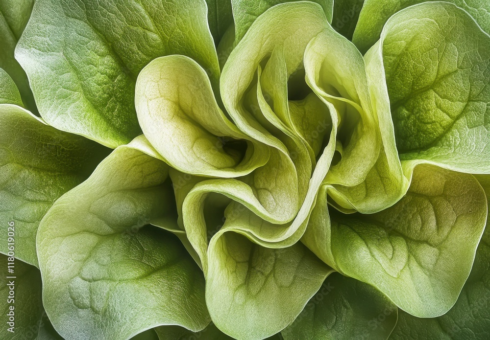 Obraz premium Close-Up View of Fresh, Vibrant Green Lettuce Leaves Displaying Intricate Patterns and Textures Under Natural Light for Nature and Food Photography