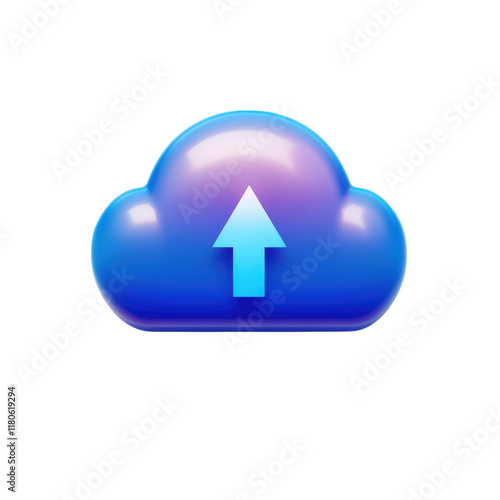 3D render of a glossy blue cloud icon with an upward arrow, symbolizing data upload, cloud storage, or online backup. Perfect for technology, software, and website designs.