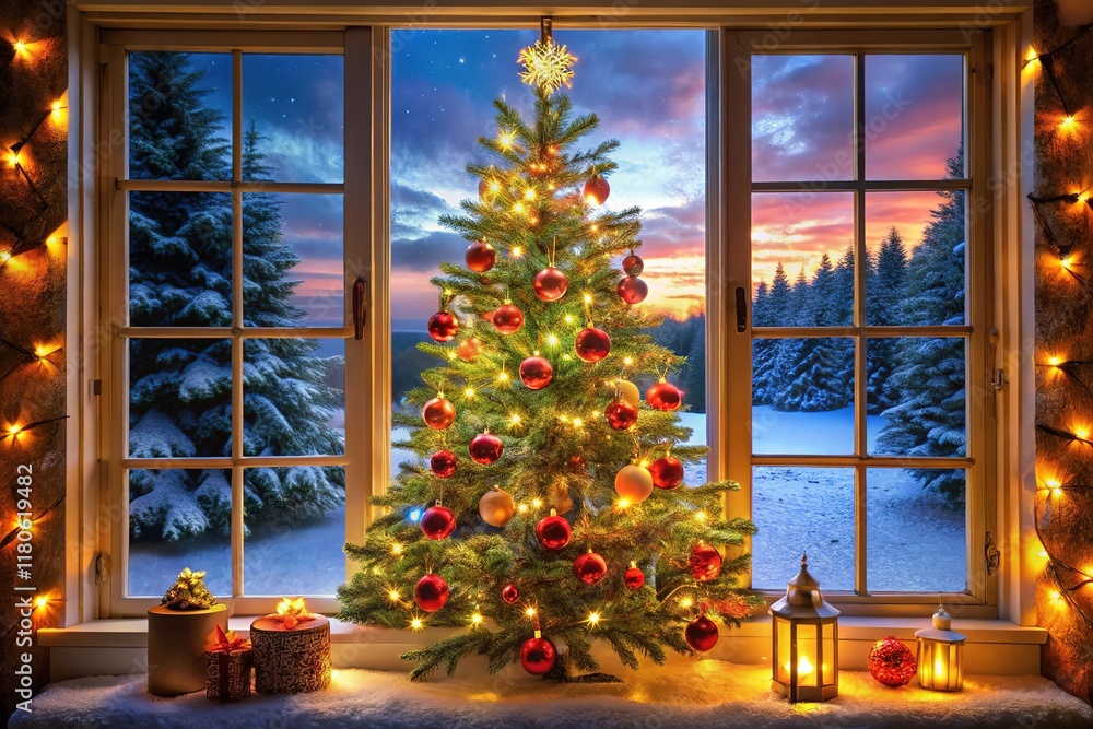 Christmas Tree in Window - Festive Holiday Scene Christmas Tree in Window - Festive Holiday Scene