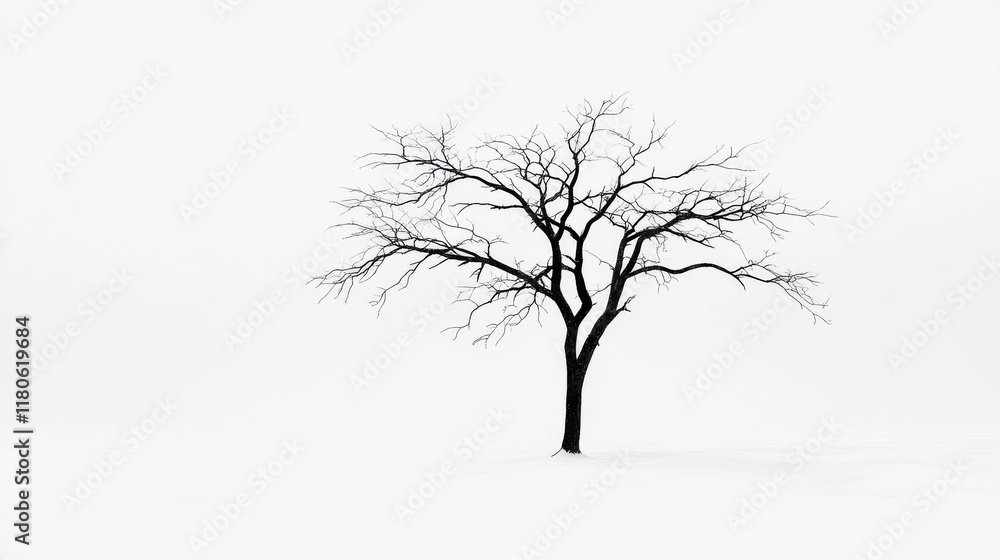38.A serene winter scene featuring a solitary tree standing in the middle of a vast snowy landscape. The tree is bare, with intricate branches reaching out against a stark white background of 38.A serene winter scene featuring a solitary tree standing in the middle of a vast snowy landscape. The tree is bare, with intricate branches reaching out against a stark white background of