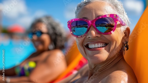 Fototapeta Naklejka Na Ścianę i Meble -  Friends enjoying laughter and sun at a water park poolside retreat