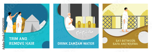 Illustrations depicting rituals performed during pilgrimage in Islamic culture.