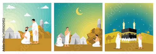 Illustrations depicting Hajj rituals and spiritual pilgrimage scenes.