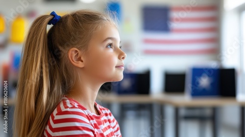 Young American girl eagerly awaits her turn at polling booth during elections photo