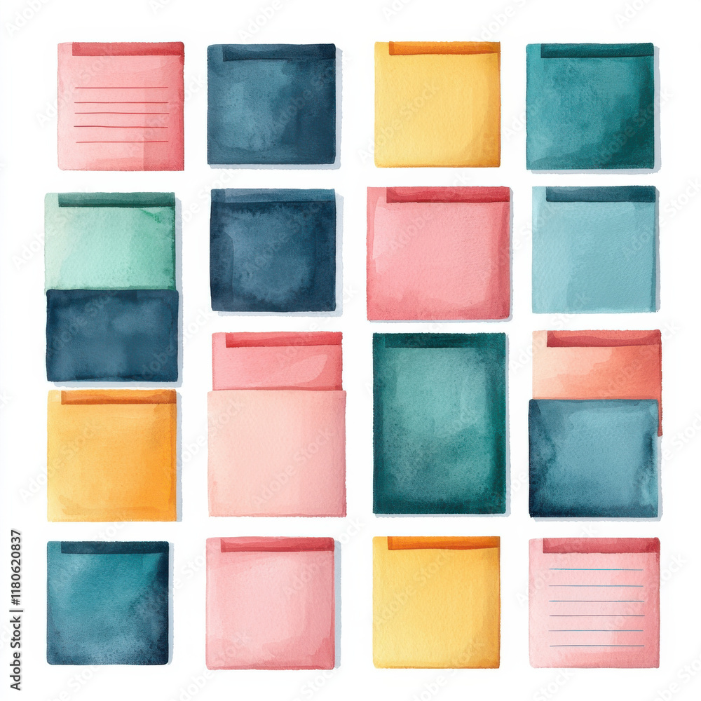 Fototapeta premium Colorful sticky notes arranged in grid pattern on white background isolated design on white background