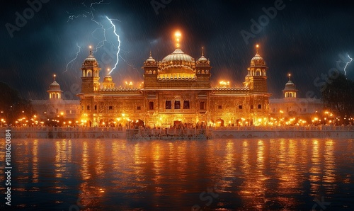 Golden temple, stormy night, lightning, reflection. photo