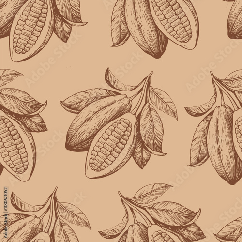 Seamless pattern with cocoa beans. Hand-drawn monochrome vector illustration.