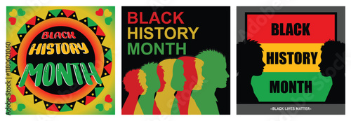 Colorful Black History Month graphics with vibrant designs and silhouette profiles.