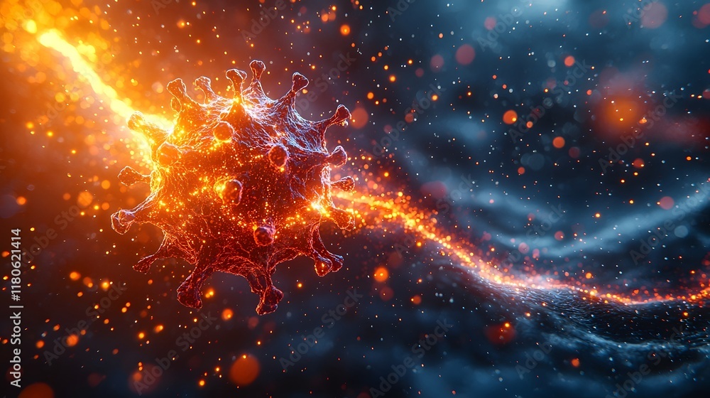 Obraz premium Glowing 3D Virus Particle with Intricate Spikes Against Dark Background Ominous Virus Concept