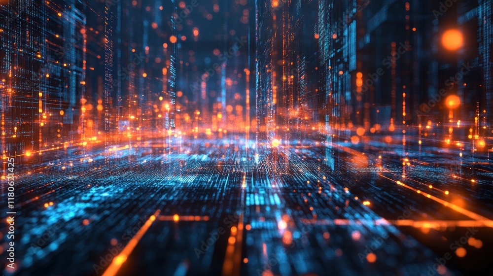 Fototapeta premium Precision stock production with robotic arms, AI systems optimizing production processes, glowing futuristic factory lights 