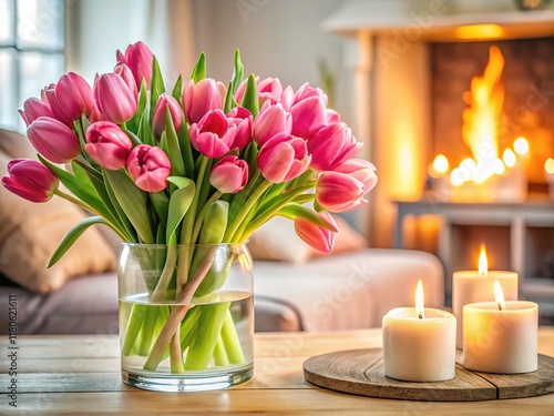 Close-up Tulips in Vase, Candlelight, Living Room photo