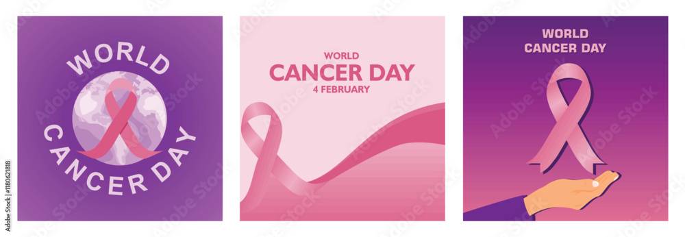Obraz premium World Cancer Day awareness pink ribbon design set.