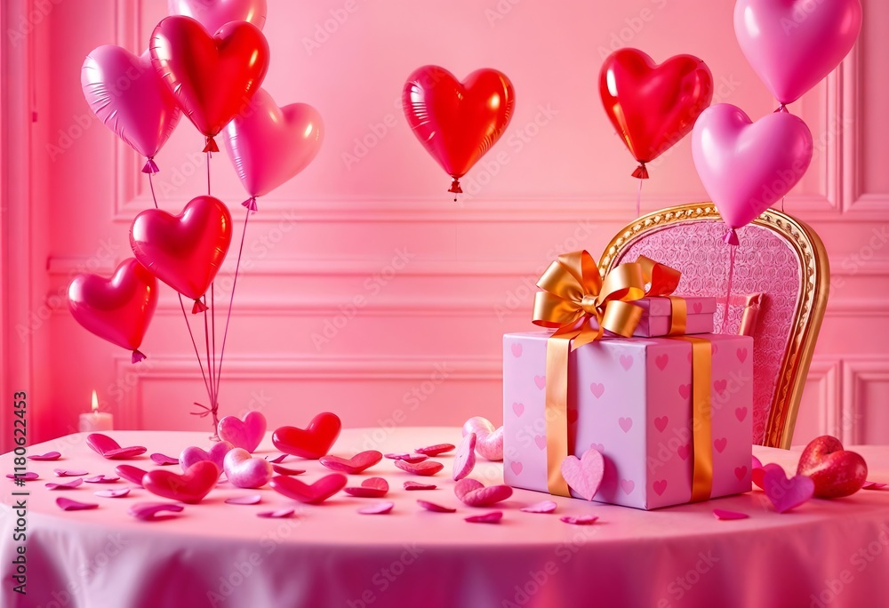 A pink and red Valentine's Day scene with paper hearts on a wooden table red and pink balloons floating against a pink background