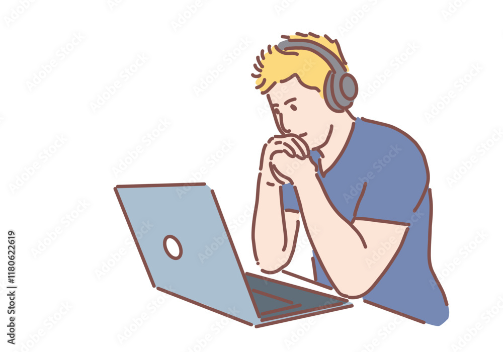 A handsome businessman working on his laptop at a desk in a modern office. Hand drawn style vector design illustrations. A handsome businessman working on his laptop at a desk in a modern office. Hand drawn style vector design illustrations.