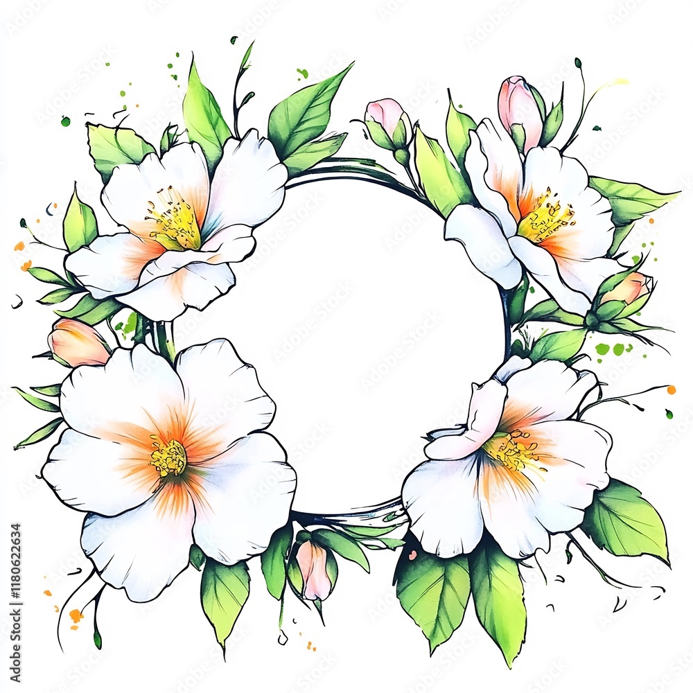 Obraz premium Elegant Hand-Drawn Floral Wreath Illustration: Delicate White Flowers Frame a Blank Circle. AI Generated