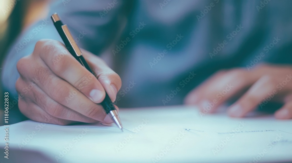 Fototapeta premium A hand is holding a pen, signing a legal document at a desk in a well-lit office, emphasizing the importance of formal agreements