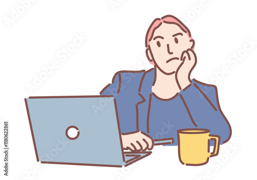 Smiling senior businessman working on laptop in office. Hand drawn style vector design illustrations.